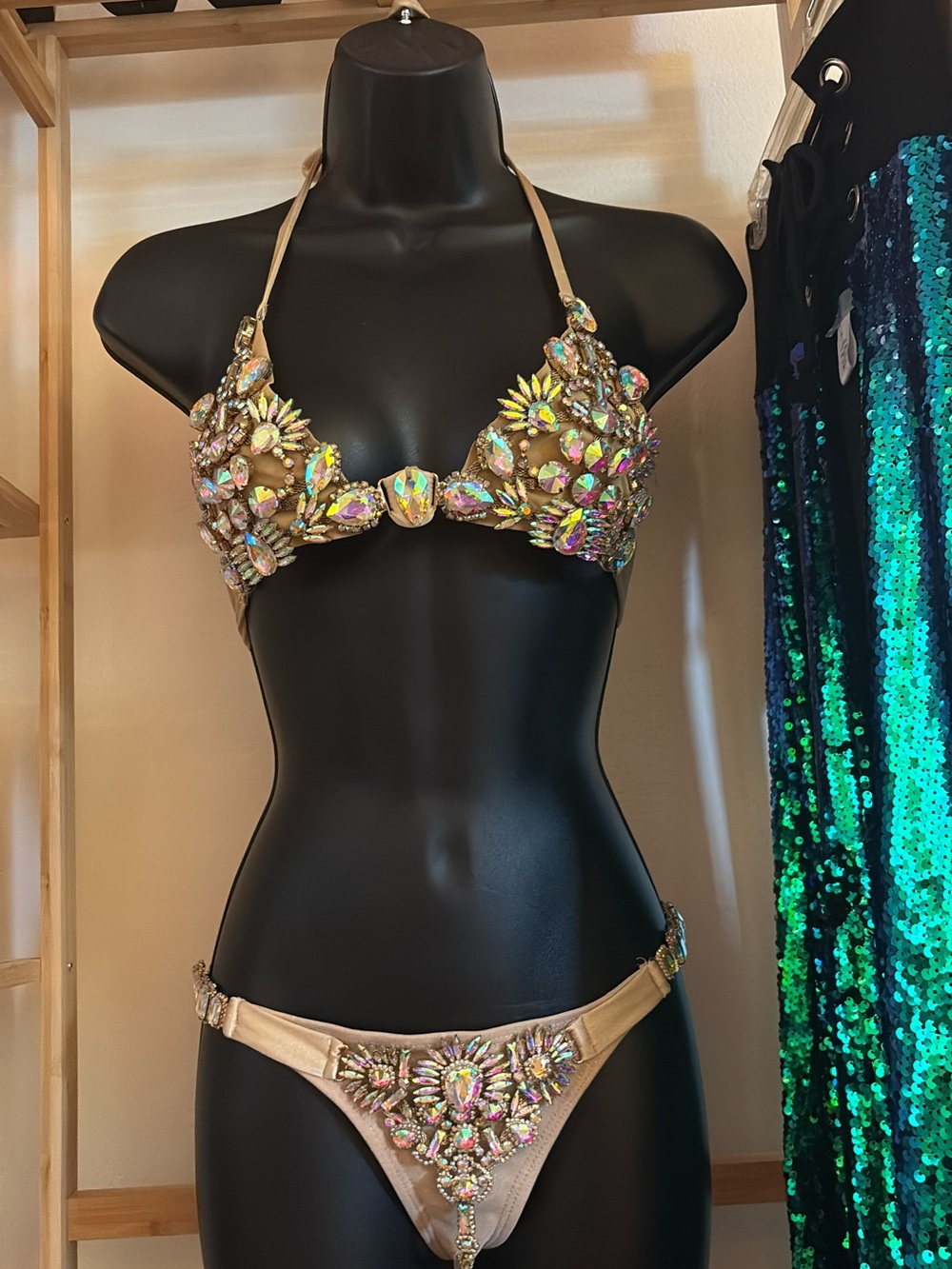 Iridescent Gold Jeweled Bikini - Embellished Women’s Swim Set